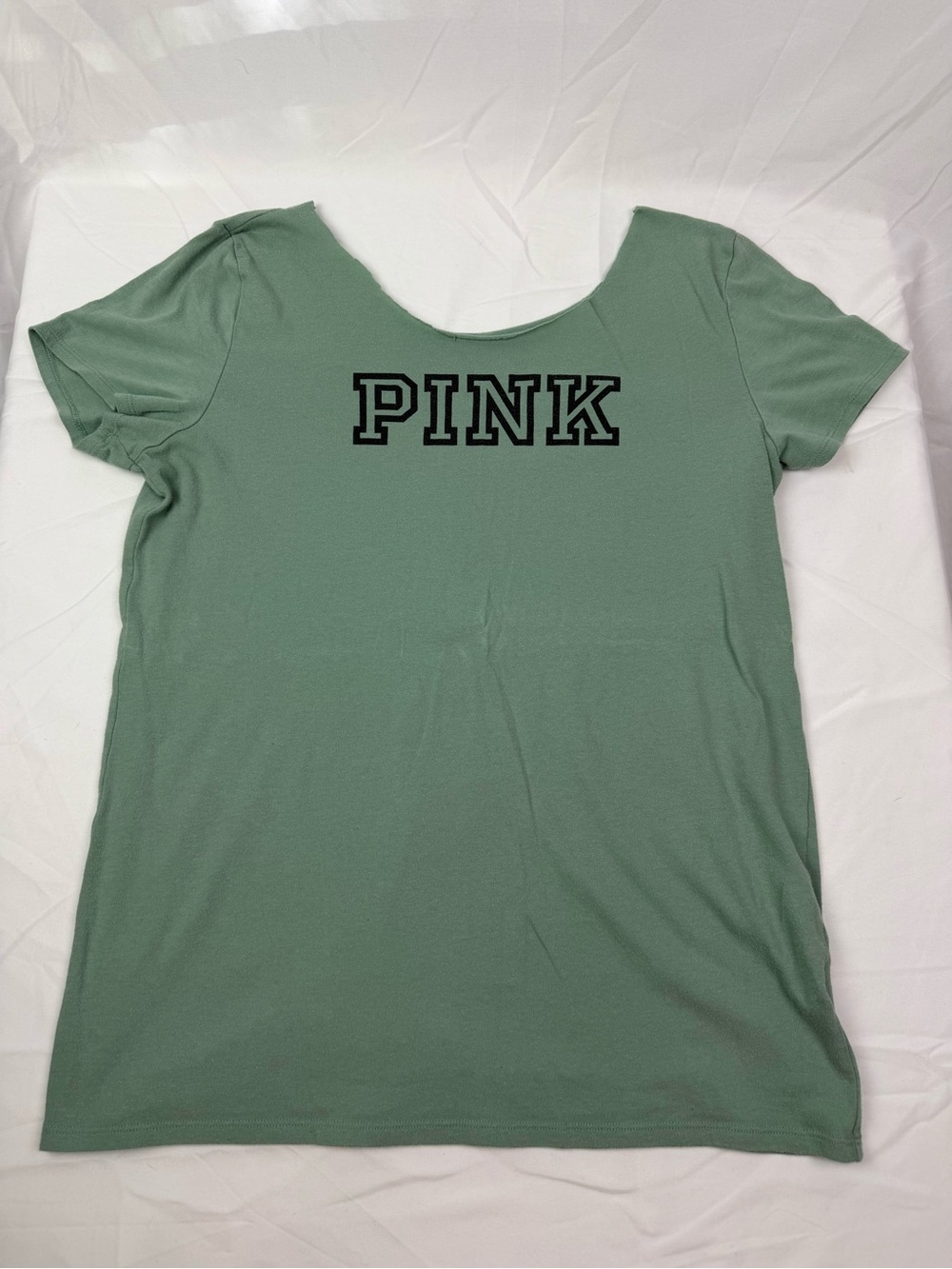 PINK Victoria's Secret Short Sleeve Tee in Sage Green with Black Logo